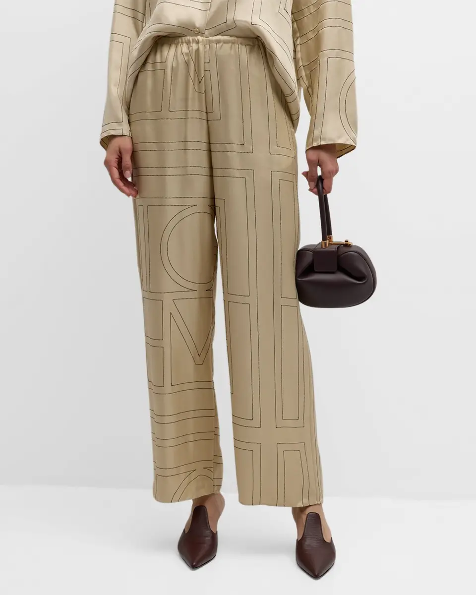TOTEME Monogram-Embroidered Silk Pajama Pants | Thumbnail 4