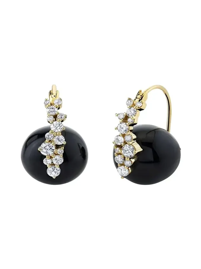 14K Yellow Gold Smooth Round Onyx Cocktail Earrings with Diamonds 14K Yellow Gold Smooth Round Onyx Cocktail Earrings with Diamonds