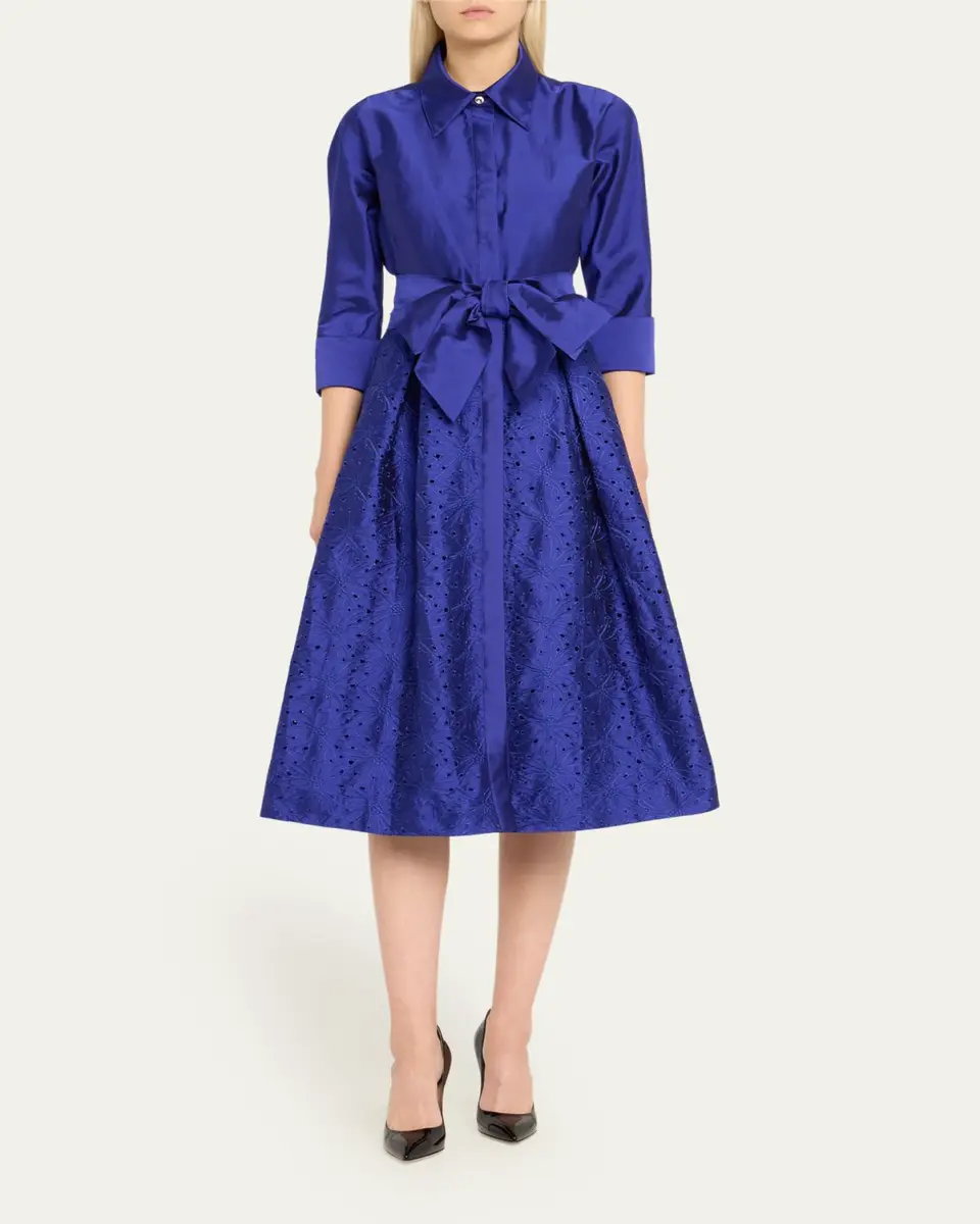 Rickie Freeman for Teri Jon Taffeta Shirt Dress w/ Eyelet Skirt | Thumbnail 2