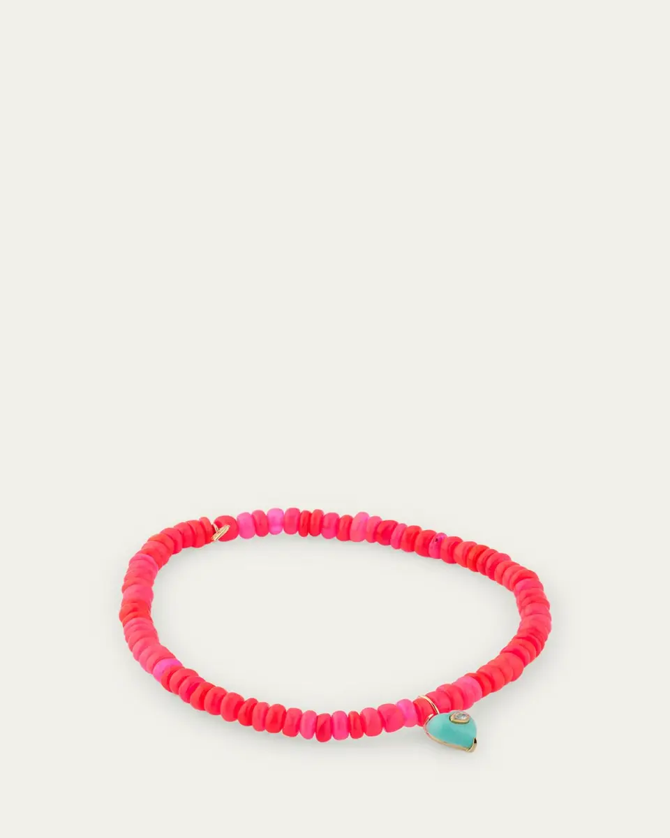 Sydney Evan 14K Yellow Gold Small Carved Diamond Marquise Bezel Turquoise Heart Charm on Hot Pink Opal Beaded Bracelet | Thumbnail 4 Sydney Evan 14K Yellow Gold Small Carved Diamond Marquise Bezel Turquoise Heart Charm on Hot Pink Opal Beaded Bracelet | Thumbnail 4