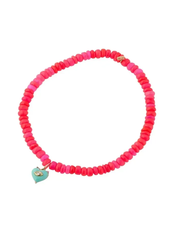 14K Yellow Gold Small Carved Diamond Marquise Bezel Turquoise Heart Charm on Hot Pink Opal Beaded Bracelet