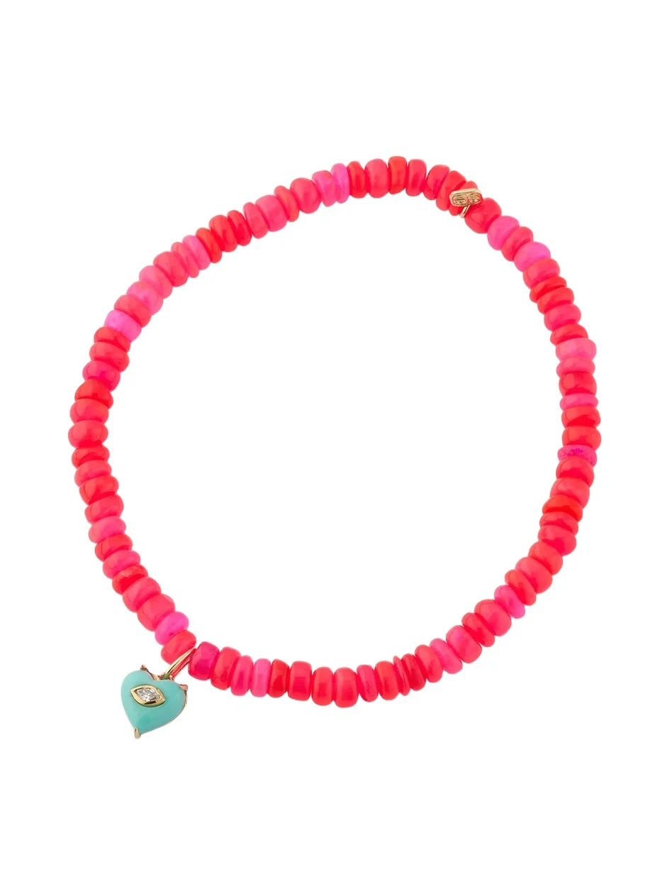 Sydney Evan 14K Yellow Gold Small Carved Diamond Marquise Bezel Turquoise Heart Charm on Hot Pink Opal Beaded Bracelet