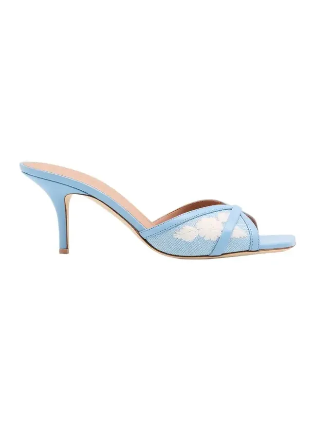 Perla Raffia Leather Stiletto Slide Sandals Perla Raffia Leather Stiletto Slide Sandals