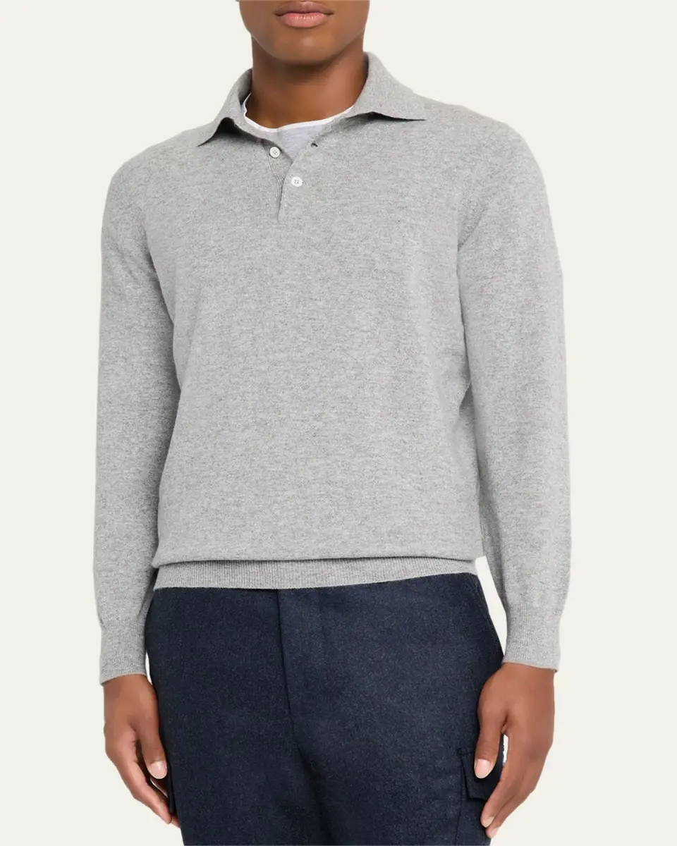 Brunello Cucinelli Men's Premium Cashmere Polo Sweater | Thumbnail 4 Brunello Cucinelli Men's Premium Cashmere Polo Sweater | Thumbnail 4
