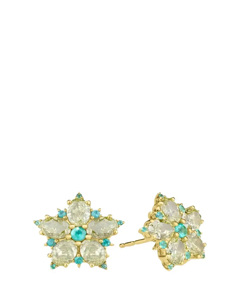 Paul Morelli 18K Yellow Gold Diamond and Paraiba Tourmaline Flower Stud Earrings | Image 1 Paul Morelli 18K Yellow Gold Diamond and Paraiba Tourmaline Flower Stud Earrings | Image 1