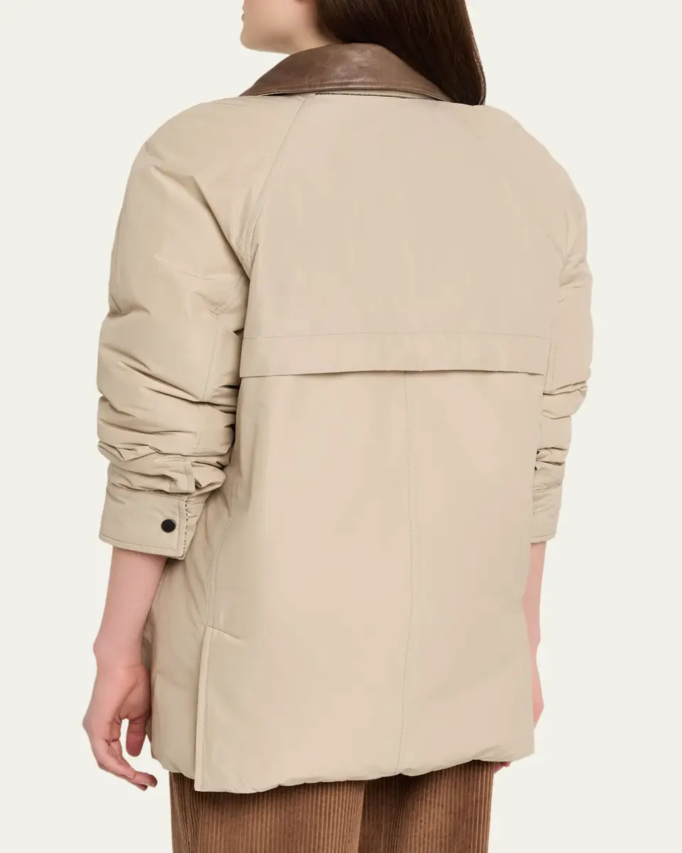 Brunello Cucinelli Leather-Collar Padded Cotton Techno Car Coat | Thumbnail 3 Brunello Cucinelli Leather-Collar Padded Cotton Techno Car Coat | Thumbnail 3