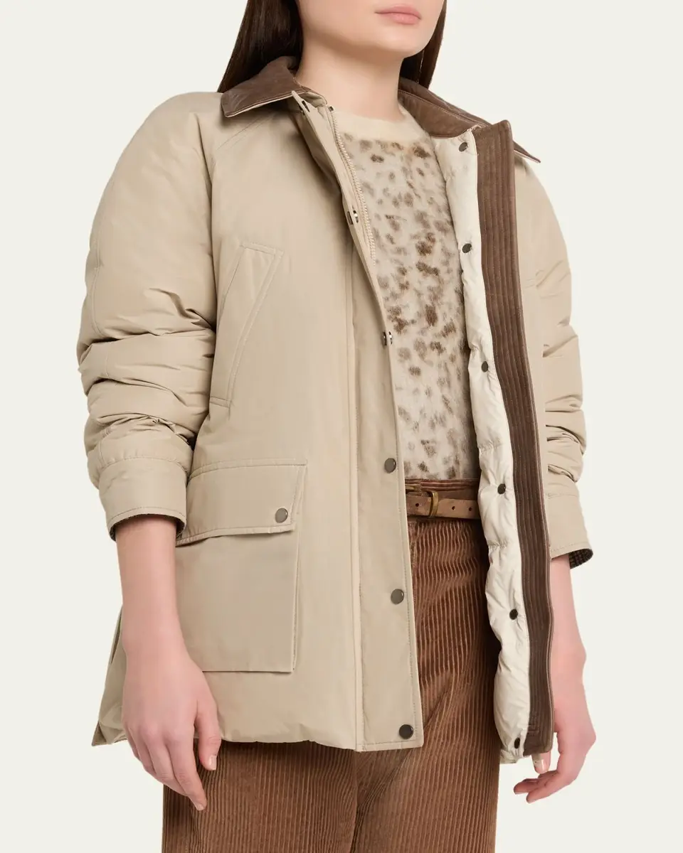 Brunello Cucinelli Leather-Collar Padded Cotton Techno Car Coat | Thumbnail 4 Brunello Cucinelli Leather-Collar Padded Cotton Techno Car Coat | Thumbnail 4