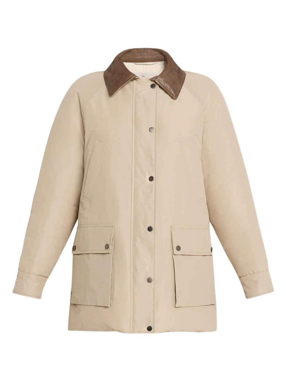 Brunello Cucinelli Leather-Collar Padded Cotton Techno Car Coat