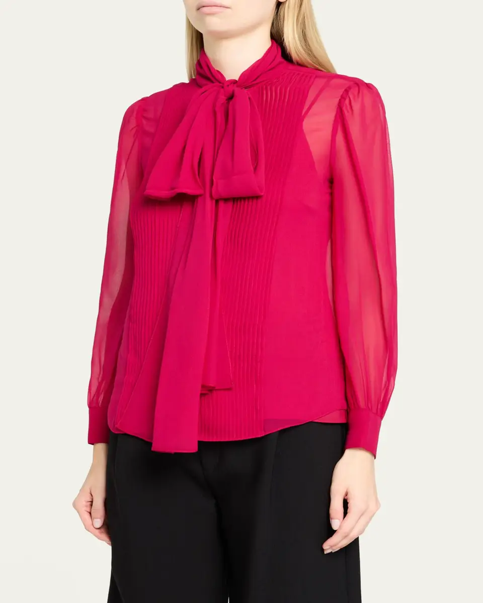 Carolina Herrera Pleated Silk Georgette Bow-Neck Blouse | Thumbnail 4
