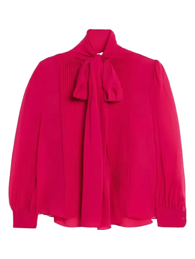 Pleated Silk Georgette Bow-Neck Blouse