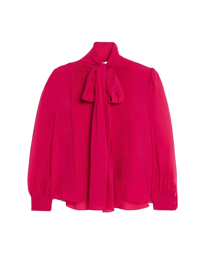 Carolina Herrera Pleated Silk Georgette Bow-Neck Blouse | Image 1 Carolina Herrera Pleated Silk Georgette Bow-Neck Blouse | Image 1