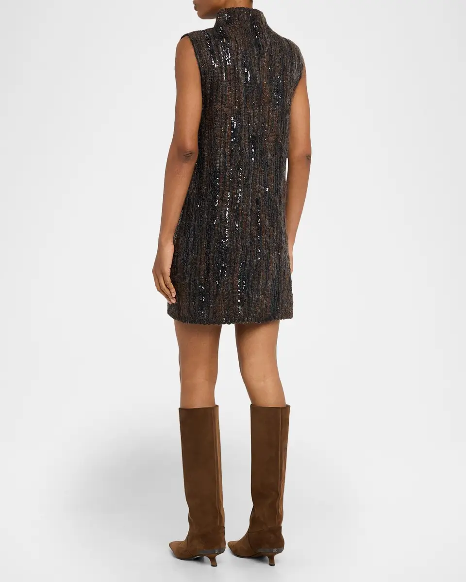 Brunello Cucinelli Sequined Boucle Knit Sleeveless Mini Dress | Thumbnail 3