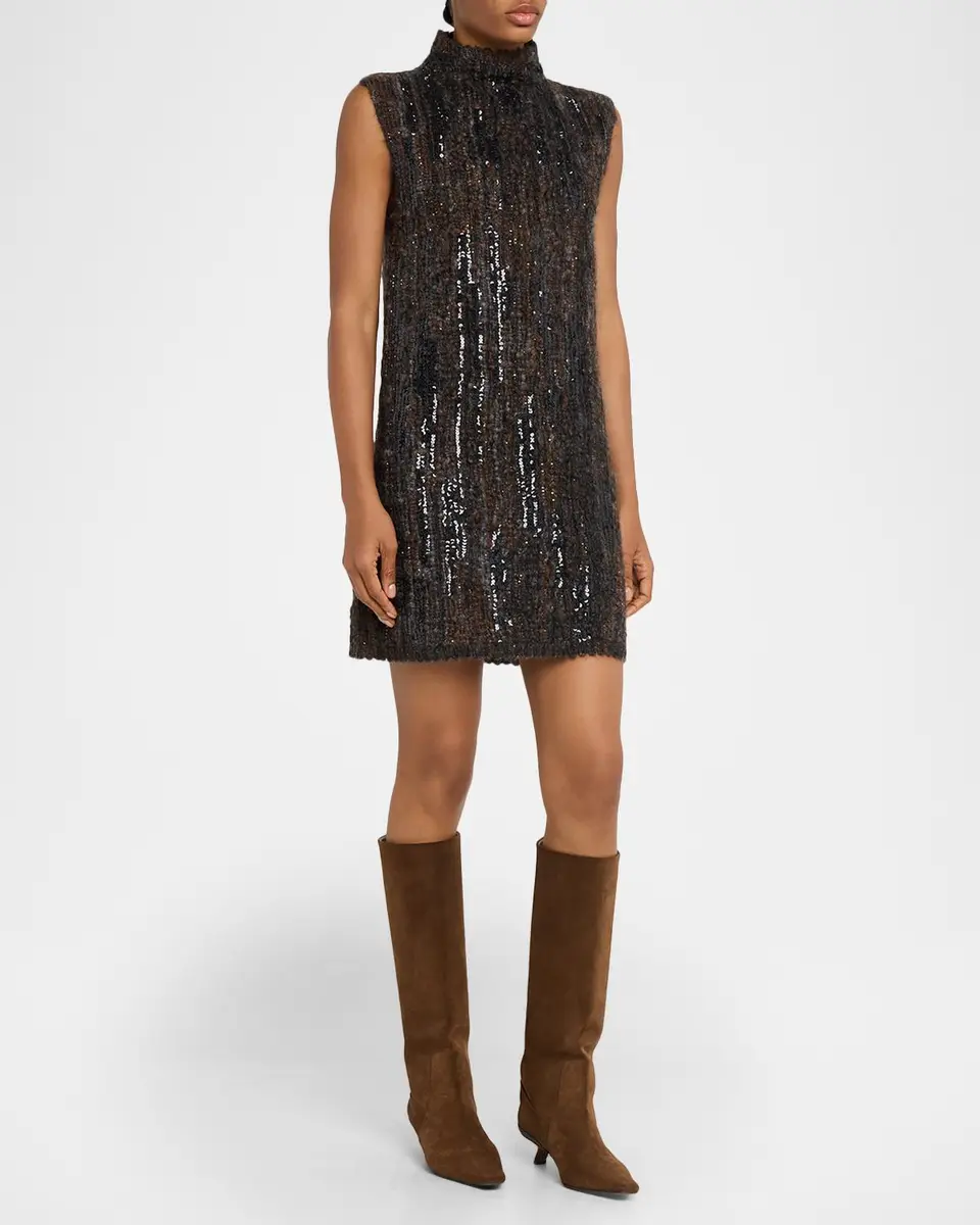 Brunello Cucinelli Sequined Boucle Knit Sleeveless Mini Dress | Thumbnail 4