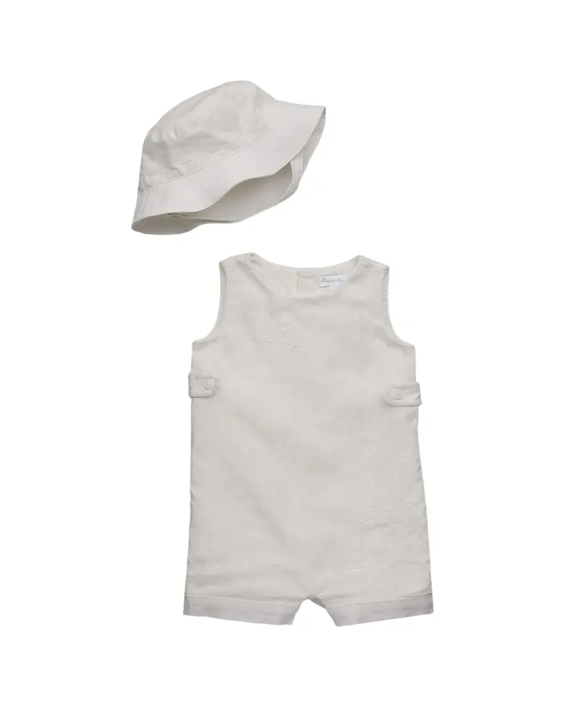 Ralph Lauren Kid's Starfish-Embroidered Linen Shortall & Hat Set, Size 3M-24M | Image 1 Ralph Lauren Kid's Starfish-Embroidered Linen Shortall & Hat Set, Size 3M-24M | Image 1
