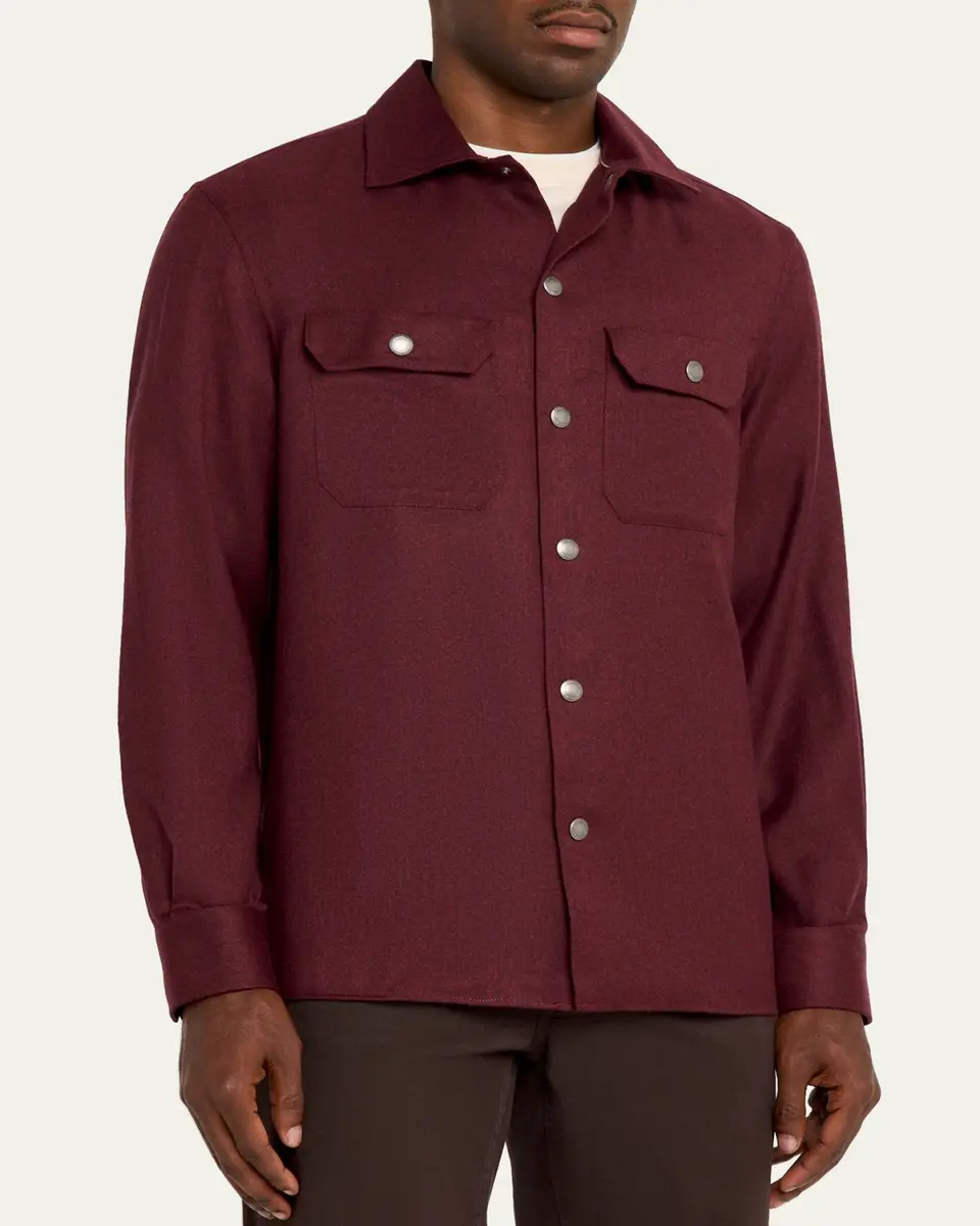 Brunello Cucinelli Men's Wool Snap-Front Overshirt | Thumbnail 4