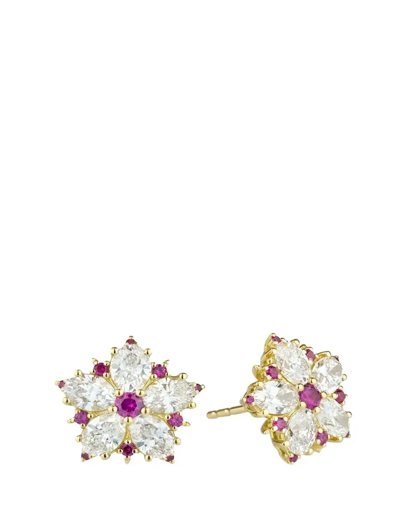 Paul Morelli 18K Yellow Gold Diamond and Ruby Flower Stud Earrings | Image 1 Paul Morelli 18K Yellow Gold Diamond and Ruby Flower Stud Earrings | Image 1