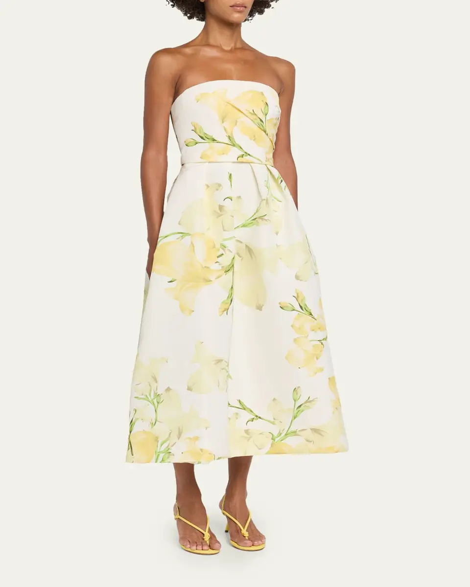 MONIQUE LHUILLIER Strapless Snapdragon Print Silk Faille Midi Dress | Thumbnail 4