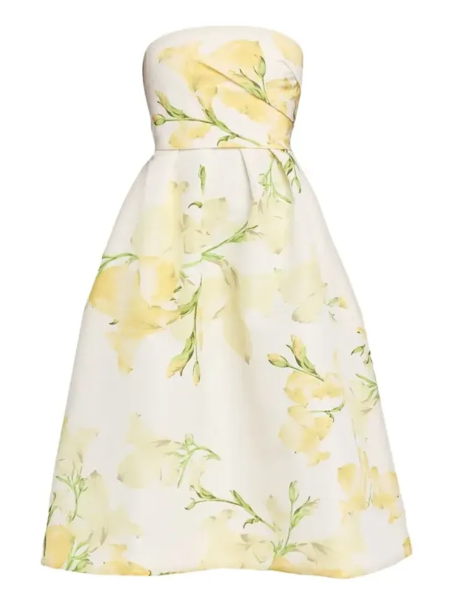 Strapless Snapdragon Print Silk Faille Midi Dress