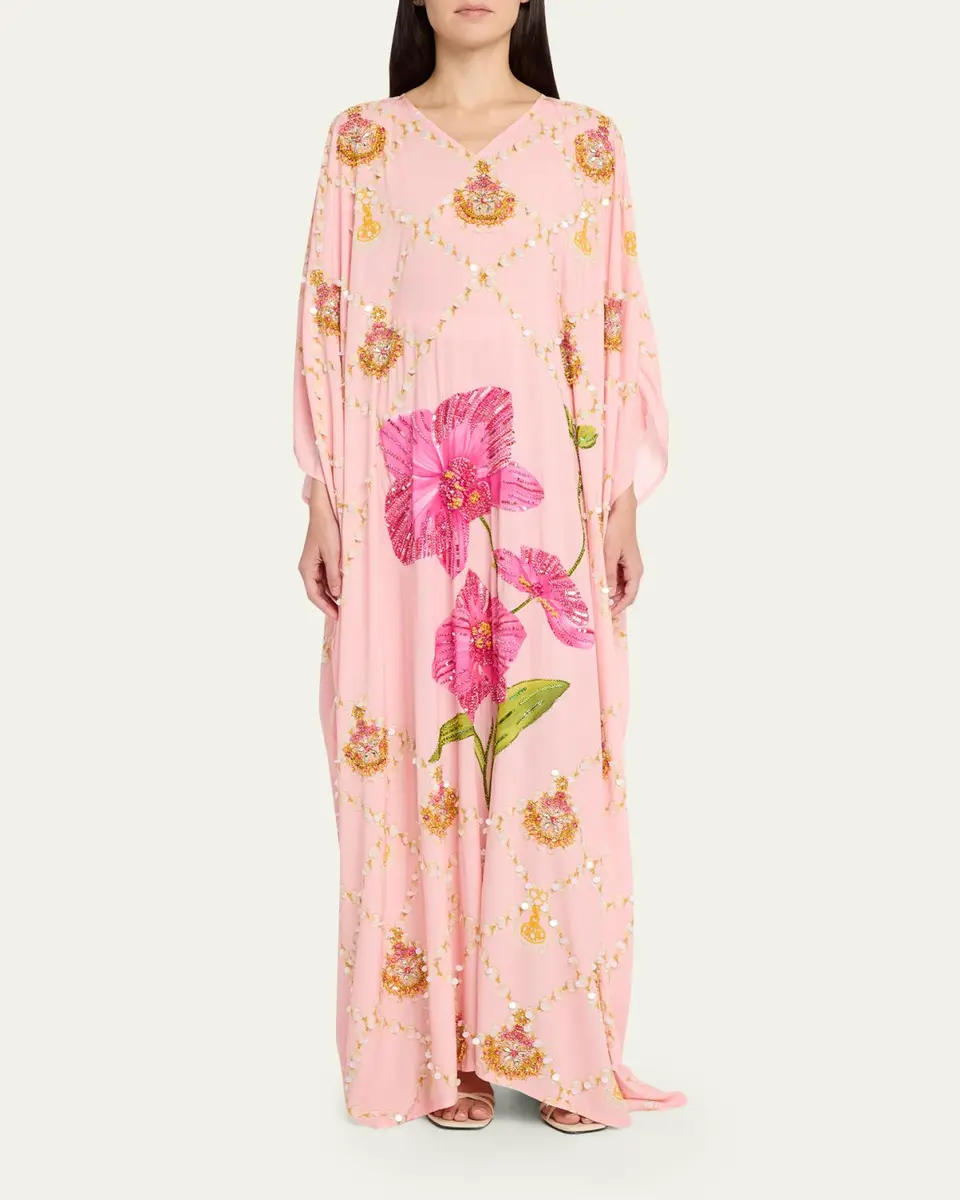 VERANDAH Hand-Beaded Orchid Maxi Kaftan Coverup | Thumbnail 2