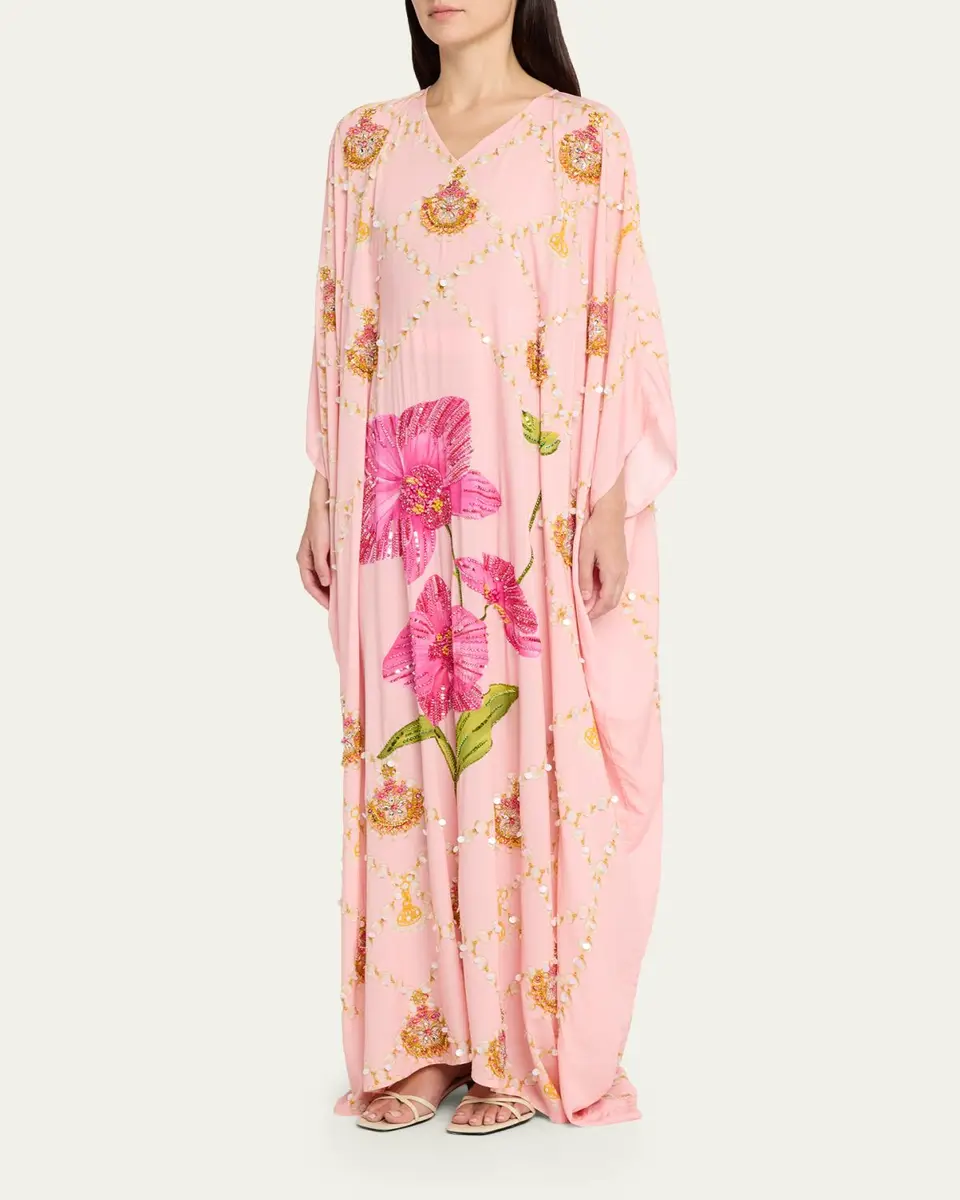 VERANDAH Hand-Beaded Orchid Maxi Kaftan Coverup | Thumbnail 4