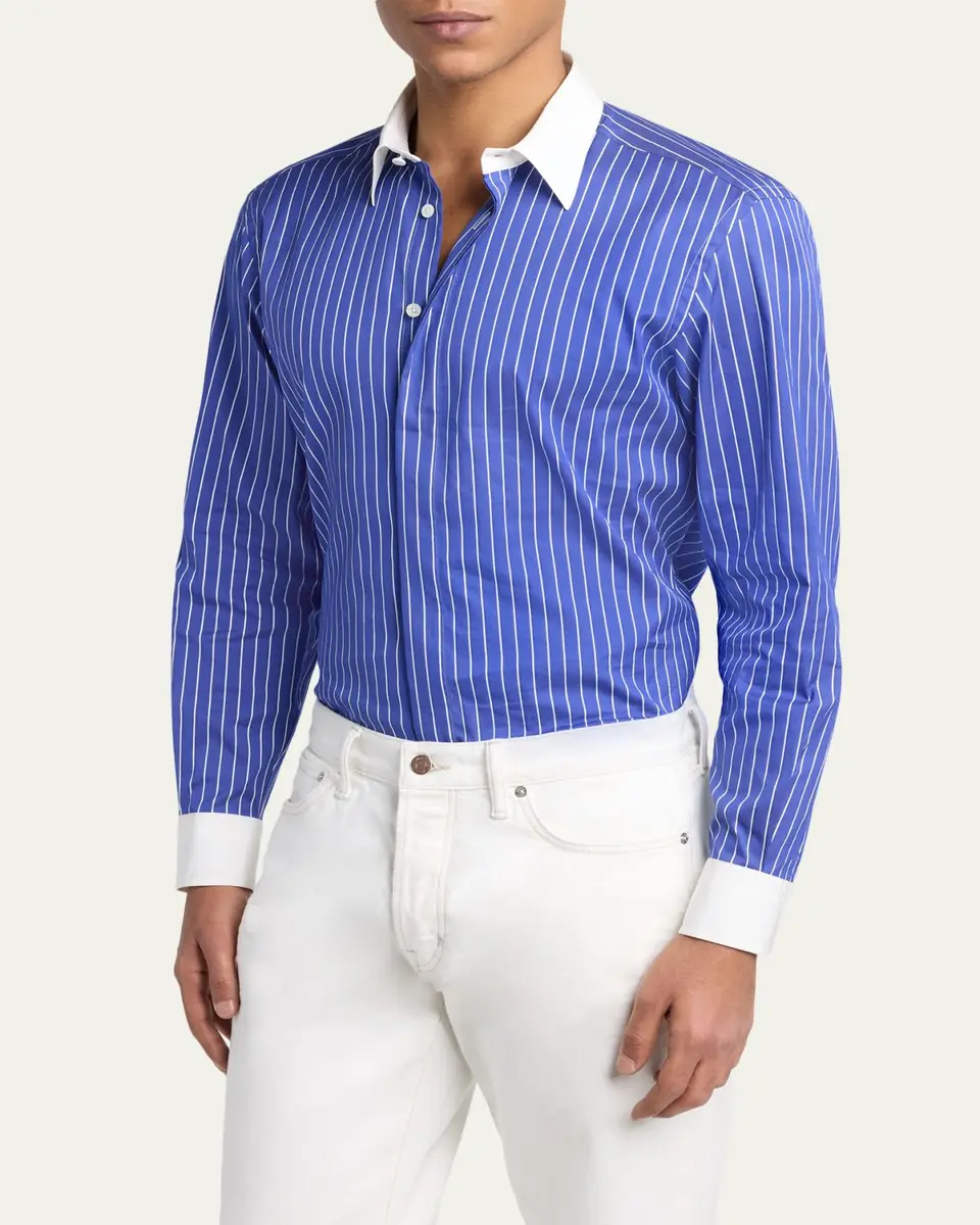 Tom Ford Men's Silk Pinstripe Contrast-Trim Dress Shirt | Thumbnail 3 Tom Ford Men's Silk Pinstripe Contrast-Trim Dress Shirt | Thumbnail 3