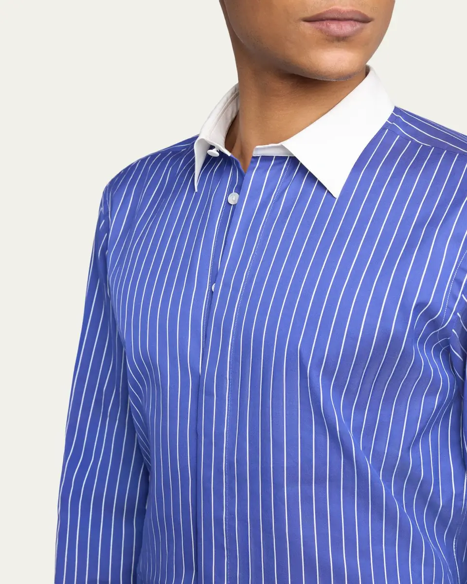 Tom Ford Men's Silk Pinstripe Contrast-Trim Dress Shirt | Thumbnail 4 Tom Ford Men's Silk Pinstripe Contrast-Trim Dress Shirt | Thumbnail 4