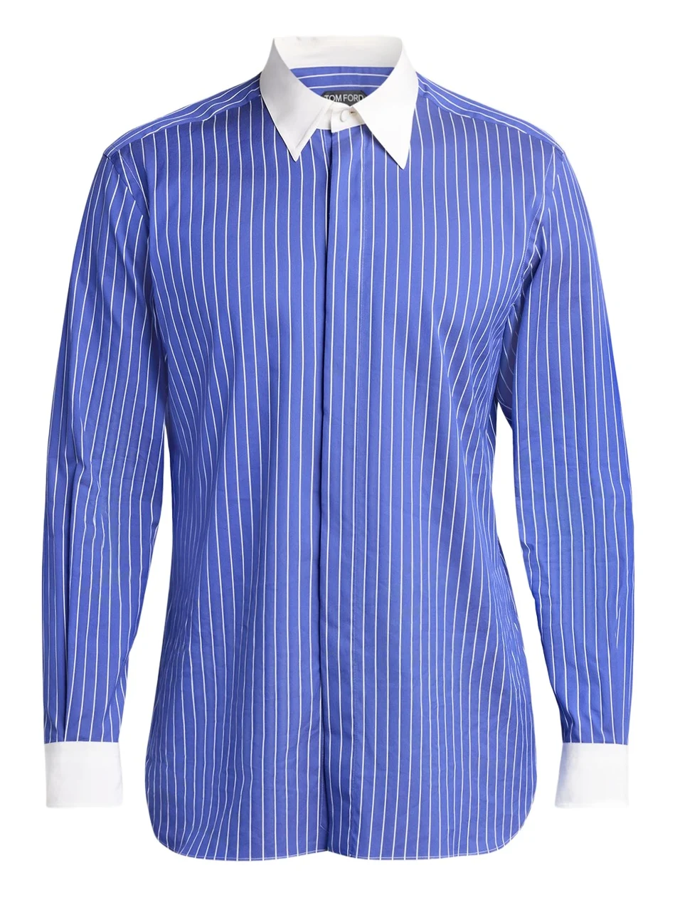 Men's Silk Pinstripe Contrast-Trim Dress Shirt Men's Silk Pinstripe Contrast-Trim Dress Shirt