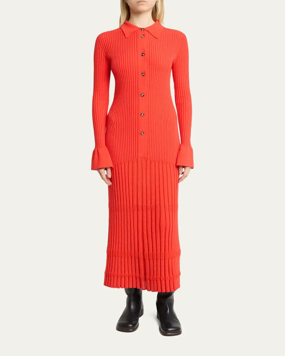 Proenza Schouler Rosario Long-Sleeve Merino Wool Pleated Knit Midi Polo Dress | Thumbnail 2
