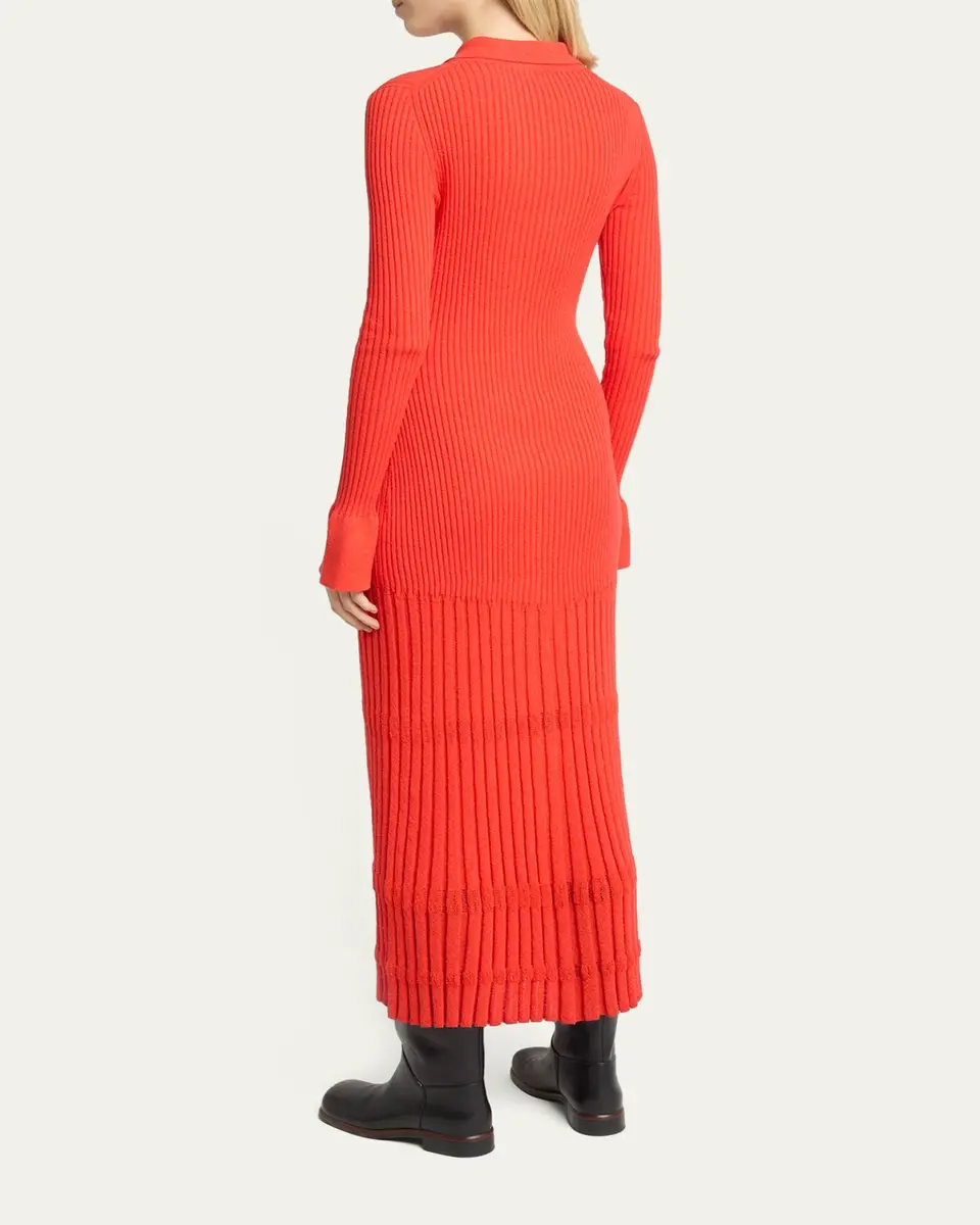 Proenza Schouler Rosario Long-Sleeve Merino Wool Pleated Knit Midi Polo Dress | Thumbnail 3