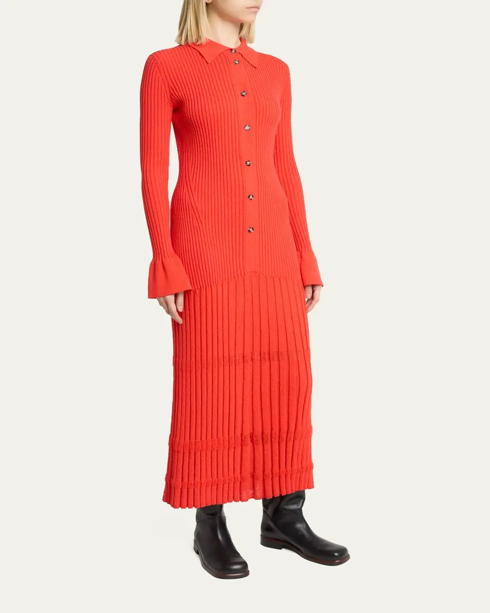Proenza Schouler Rosario Long-Sleeve Merino Wool Pleated Knit Midi Polo Dress | Thumbnail 4