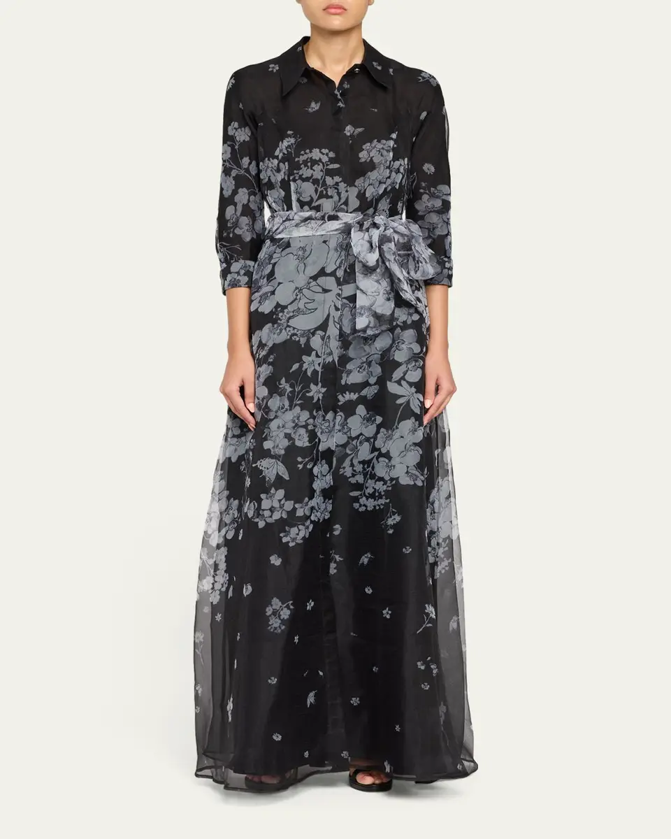 Rickie Freeman for Teri Jon Floral Organza Tie-Waist Shirt Gown | Thumbnail 2 Rickie Freeman for Teri Jon Floral Organza Tie-Waist Shirt Gown | Thumbnail 2