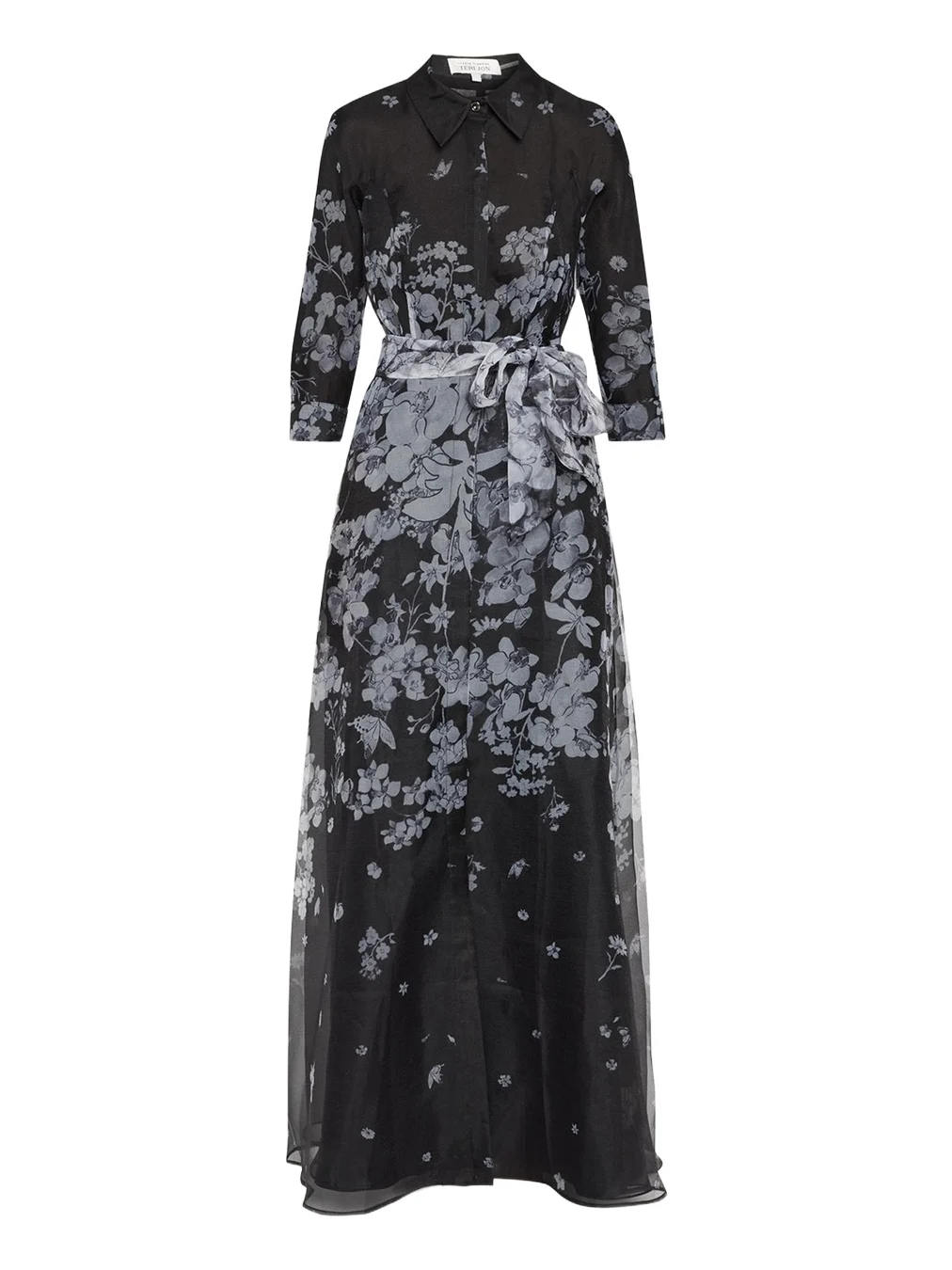 Rickie Freeman for Teri Jon Floral Organza Tie-Waist Shirt Gown