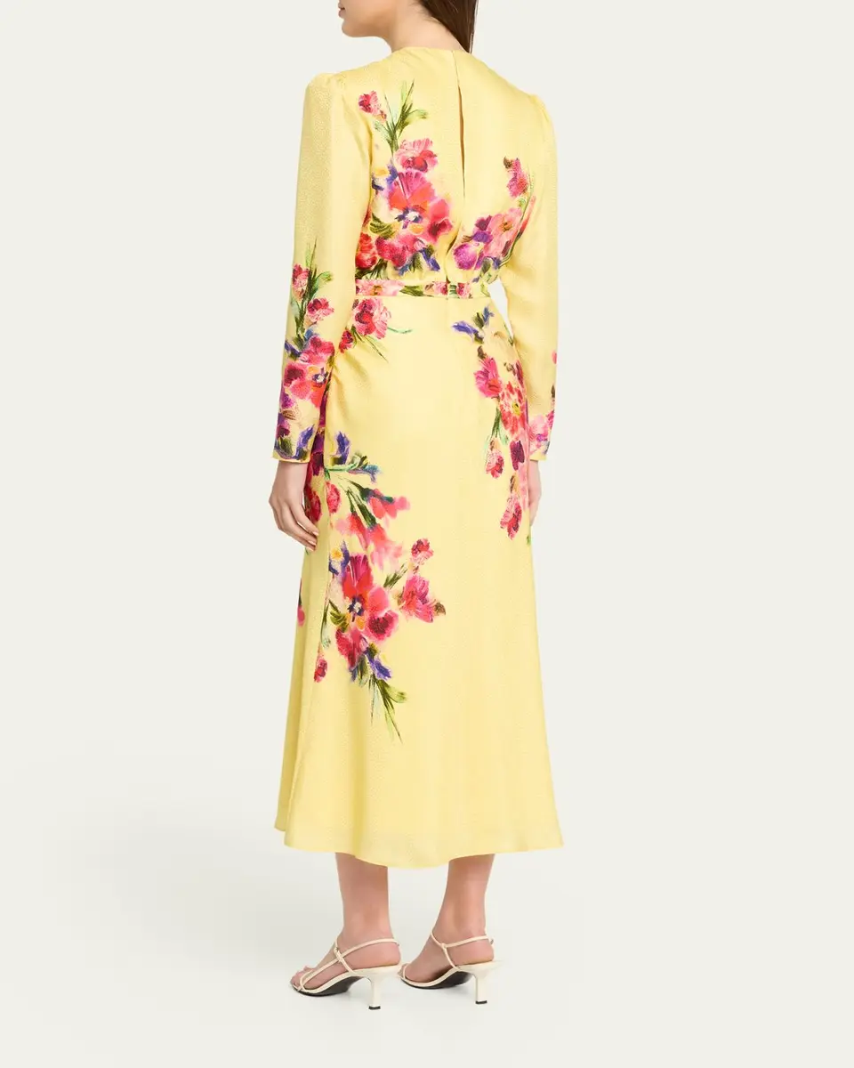 Saloni Claudia Floral Silk Long-Sleeve Fluted Midi Dress | Thumbnail 3 Saloni Claudia Floral Silk Long-Sleeve Fluted Midi Dress | Thumbnail 3