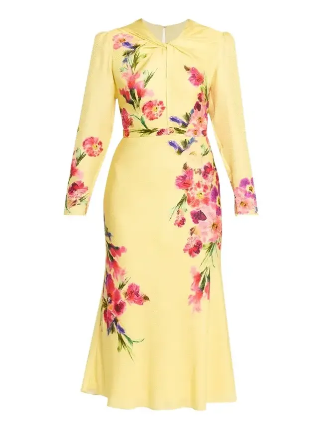 Claudia Floral Silk Long-Sleeve Fluted Midi Dress