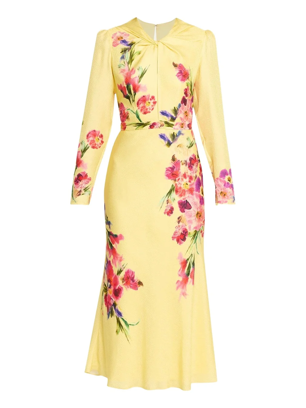 Claudia Floral Silk Long-Sleeve Fluted Midi Dress