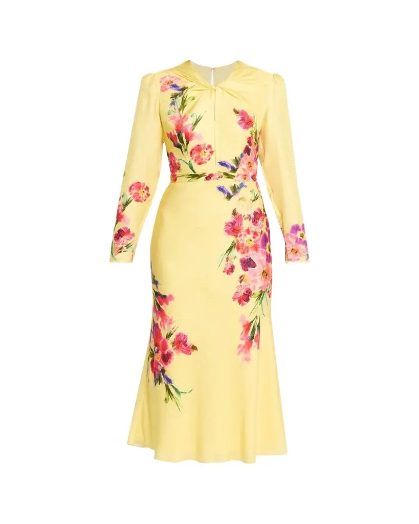 Saloni Claudia Floral Silk Long-Sleeve Fluted Midi Dress | Image 1 Saloni Claudia Floral Silk Long-Sleeve Fluted Midi Dress | Image 1