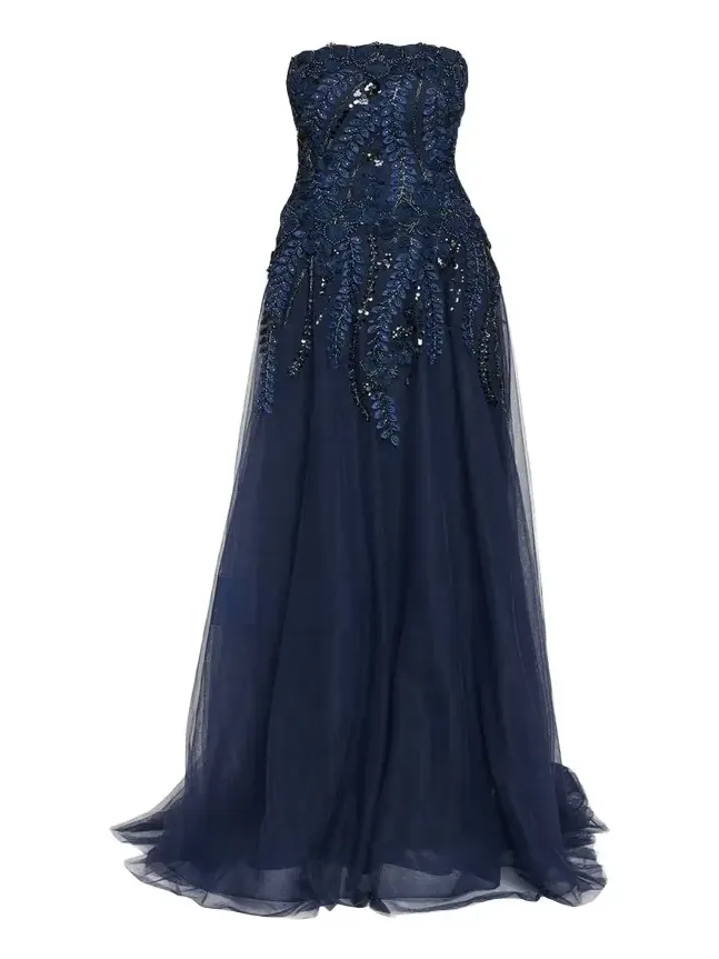 Floral-Embellished Tulle Strapless Gown