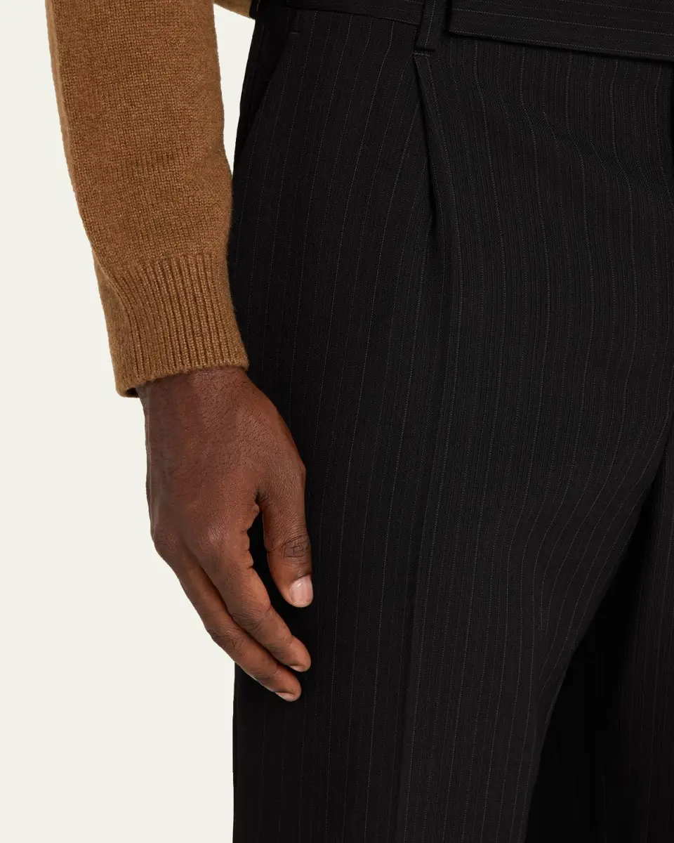 Saint Laurent Men's Wool Stripe Pleated Wide-Leg Trousers | Thumbnail 5 Saint Laurent Men's Wool Stripe Pleated Wide-Leg Trousers | Thumbnail 5