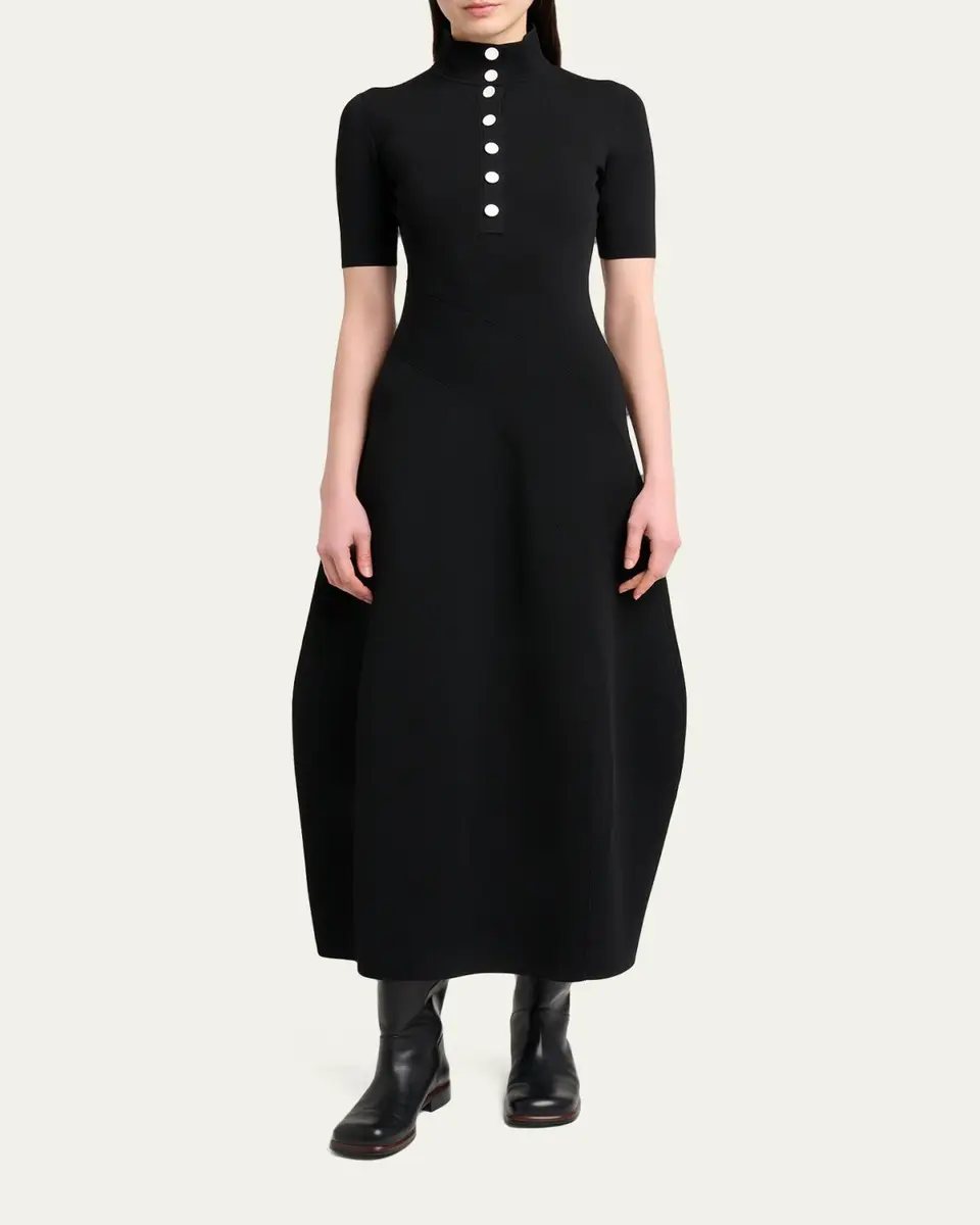 Proenza Schouler Mathilde Short-Sleeve Buttoned Sculptural Midi Dress | Thumbnail 2