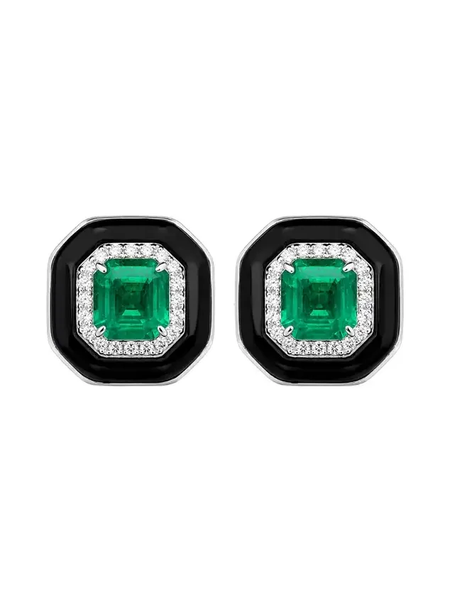 13.94ct Diamond Emerald Black Onyx 18K Gold Halo Earrings