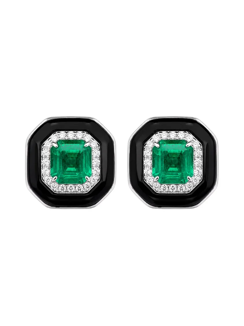 Wish Fine Jewelry 13.94ct Diamond Emerald Black Onyx 18K Gold Halo Earrings