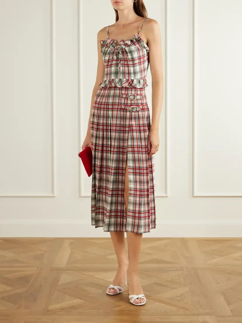 Alessandra Rich Pleated Checked Ruffled Silk-crepe De Chine Midi Dress | Thumbnail 2 Alessandra Rich Pleated Checked Ruffled Silk-crepe De Chine Midi Dress | Thumbnail 2
