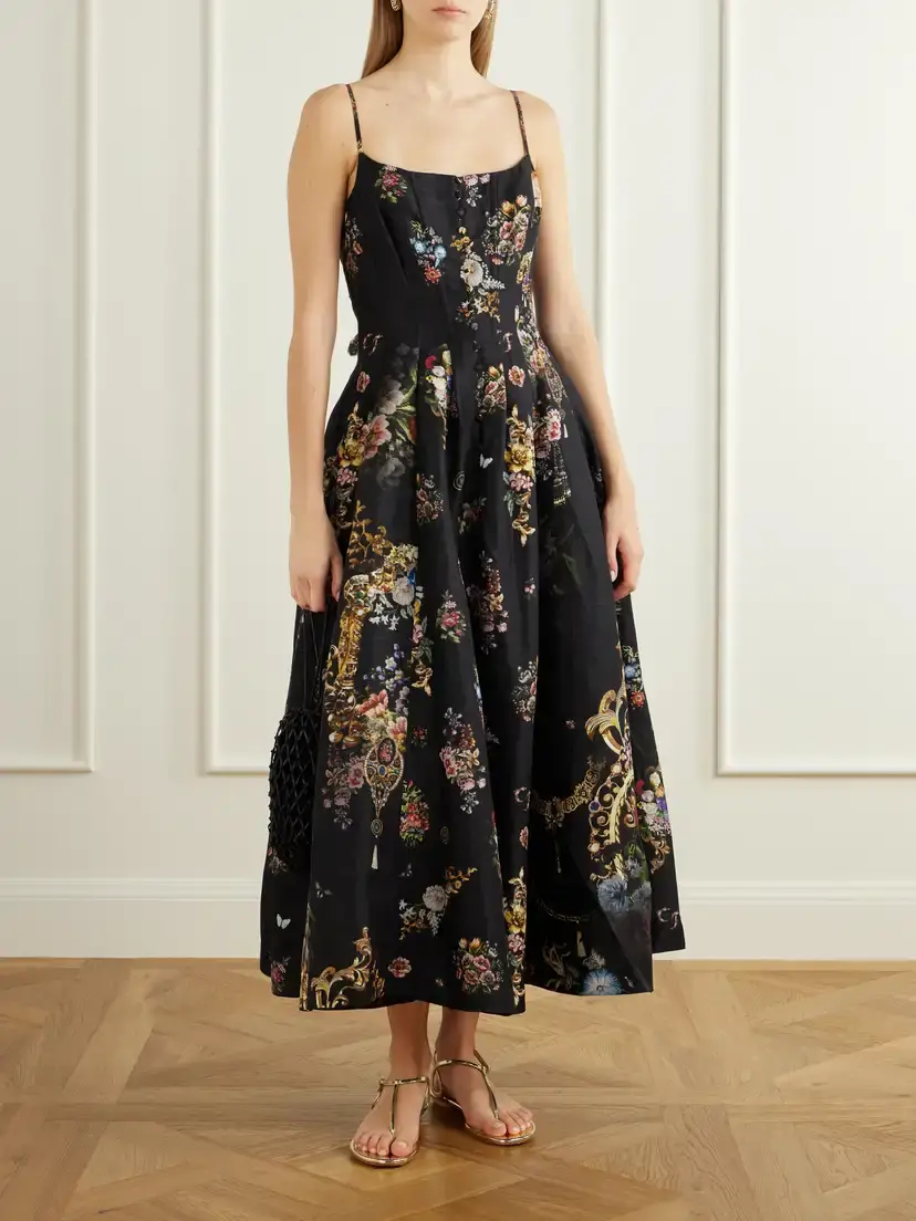 Camilla Flamenco Folklore Floral-print Linen And Silk-blend Dupioni Midi Dress | Thumbnail 2 Camilla Flamenco Folklore Floral-print Linen And Silk-blend Dupioni Midi Dress | Thumbnail 2