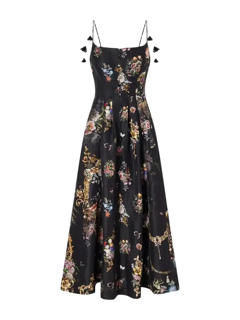 Camilla Flamenco Folklore Floral-print Linen And Silk-blend Dupioni Midi Dress | Image 1 Camilla Flamenco Folklore Floral-print Linen And Silk-blend Dupioni Midi Dress | Image 1