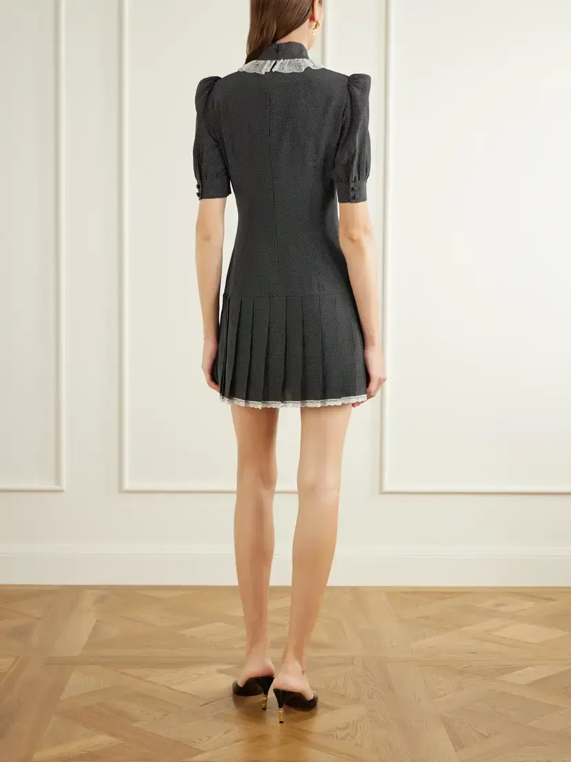 Alessandra Rich Pleated Lace-trimmed Polka-dot Silk-crepe De Chine Mini Dress | Thumbnail 3 Alessandra Rich Pleated Lace-trimmed Polka-dot Silk-crepe De Chine Mini Dress | Thumbnail 3