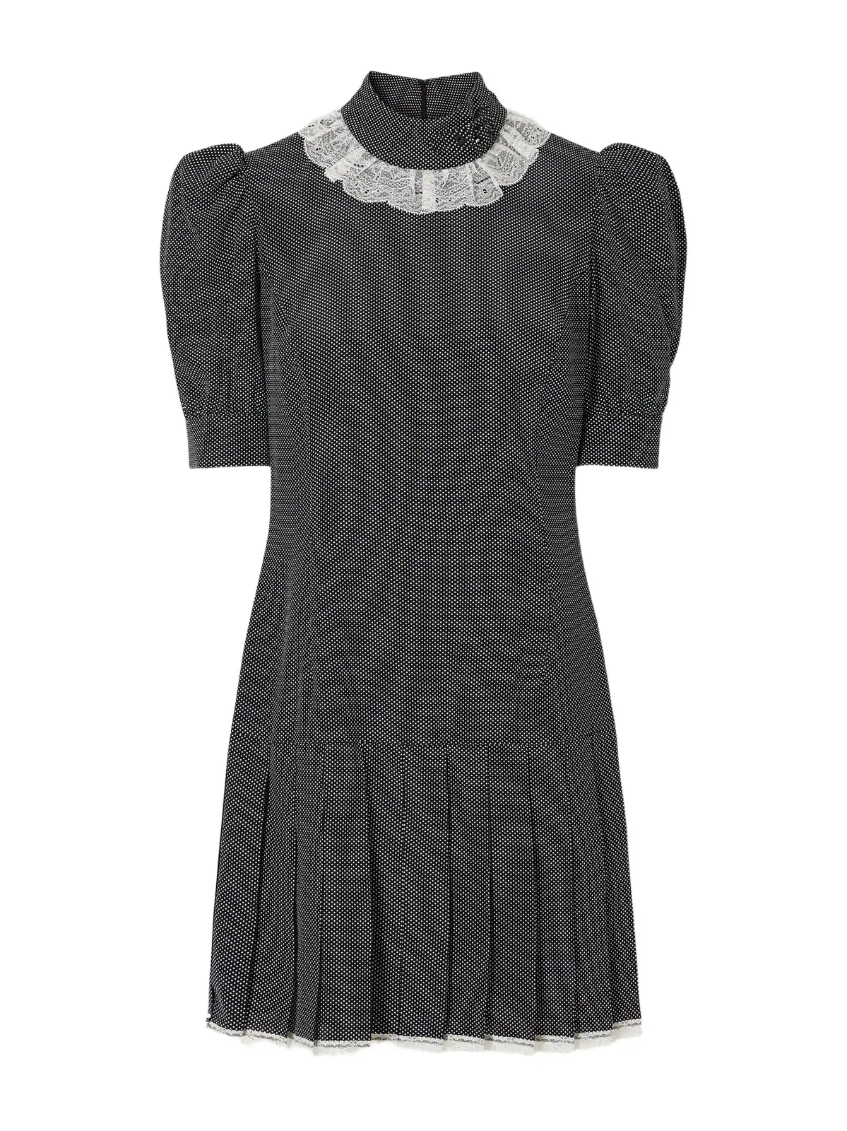 Pleated Lace-trimmed Polka-dot Silk-crepe De Chine Mini Dress