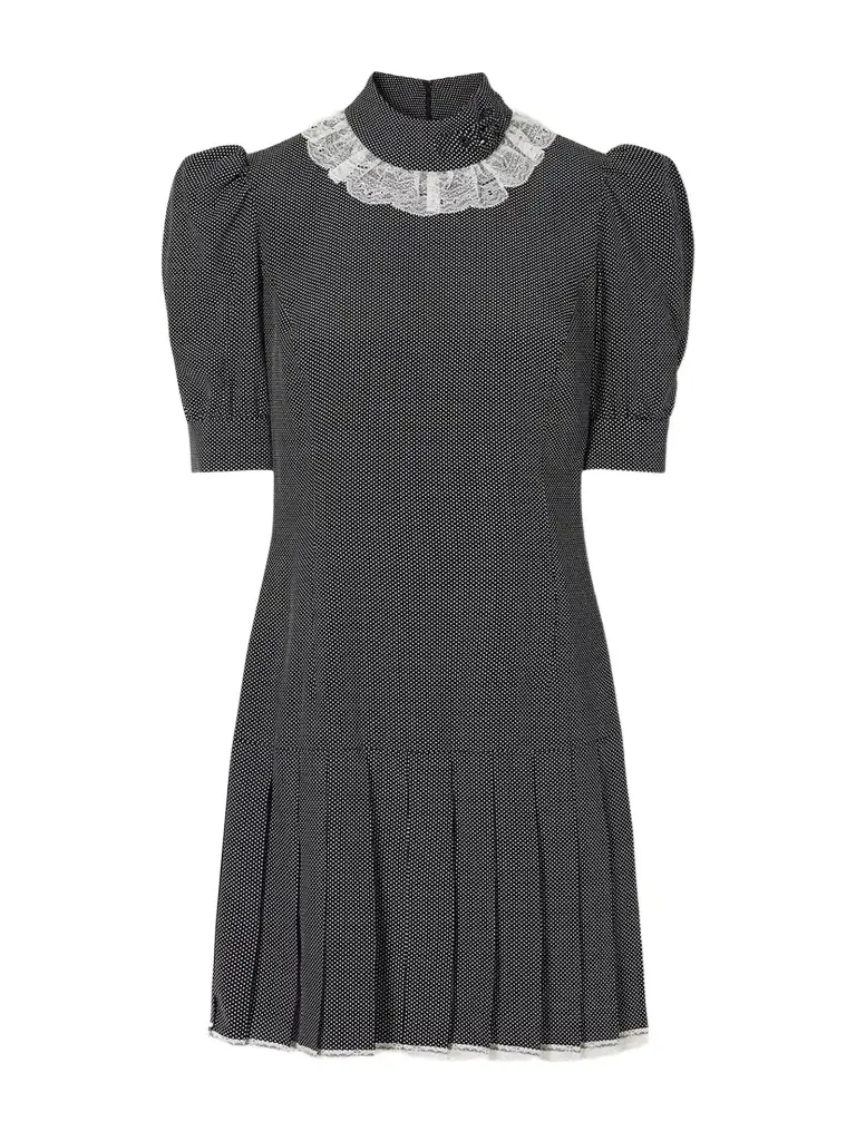 Pleated Lace-trimmed Polka-dot Silk-crepe De Chine Mini Dress Pleated Lace-trimmed Polka-dot Silk-crepe De Chine Mini Dress