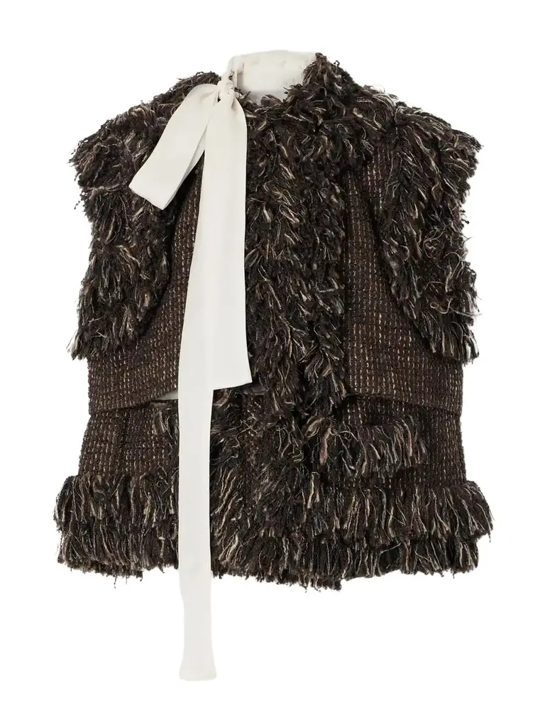 Sacai Bow-detailed Fringed Wool-blend Tweed Vest | Image 1 Sacai Bow-detailed Fringed Wool-blend Tweed Vest | Image 1