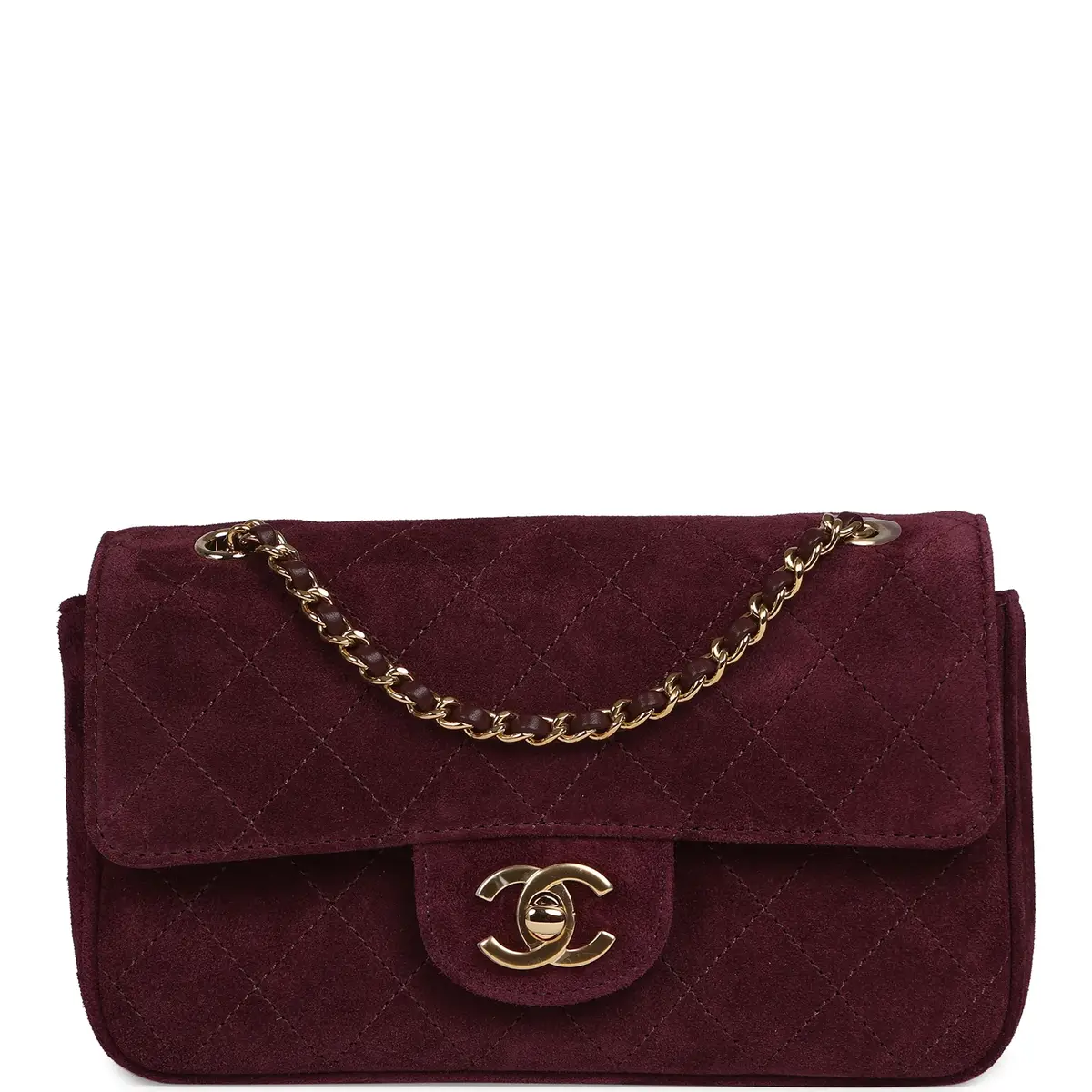 Chanel Chanel Mini "Souplissimo" Flap Bag Burgundy Suede Gold Hardware | Image 1 Chanel Chanel Mini "Souplissimo" Flap Bag Burgundy Suede Gold Hardware | Image 1