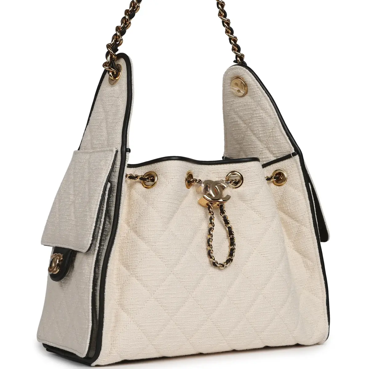 Chanel Chanel Small 25 Hobo Bag Ecru Canvas and Black Calfskin Gold Hardware | Thumbnail 2 Chanel Chanel Small 25 Hobo Bag Ecru Canvas and Black Calfskin Gold Hardware | Thumbnail 2